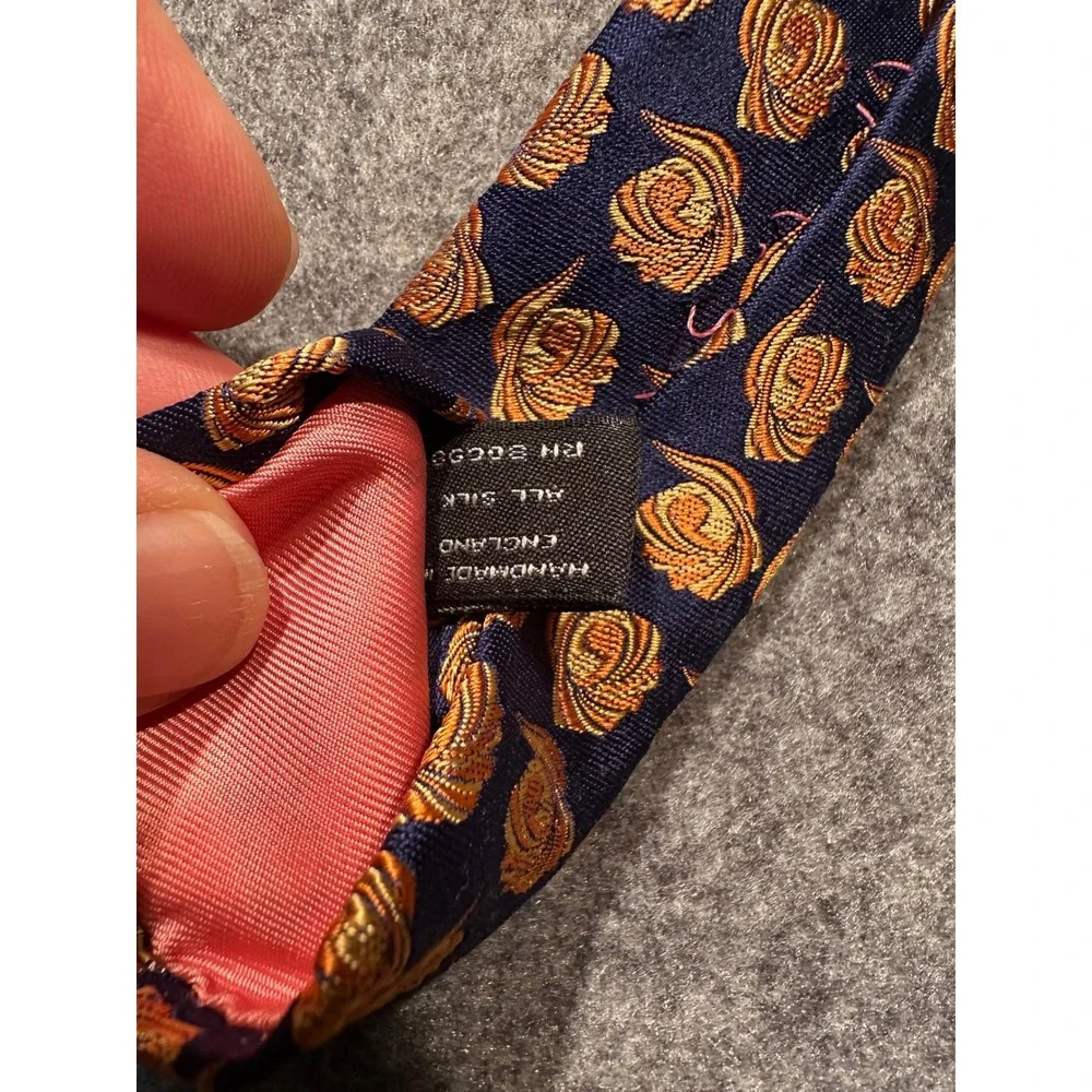 Garrick Anderson Mens Silk Tie Navy Blue Gold Floral Medallion Made in England